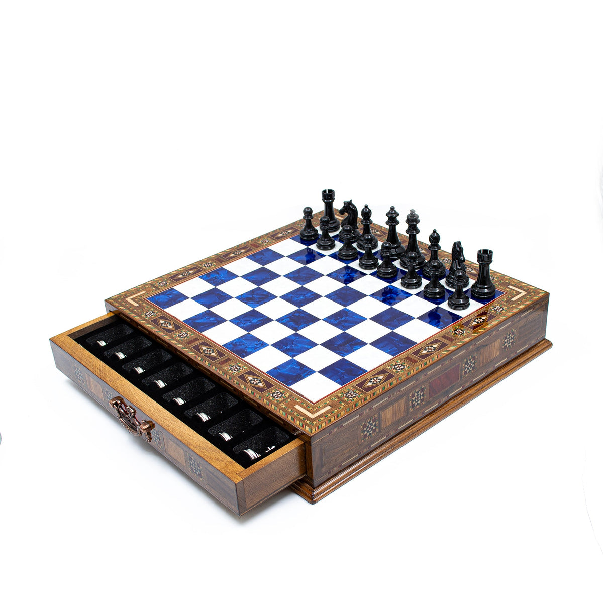 לוח שחמט יוקרתי עם מגירת אחסון - כחול