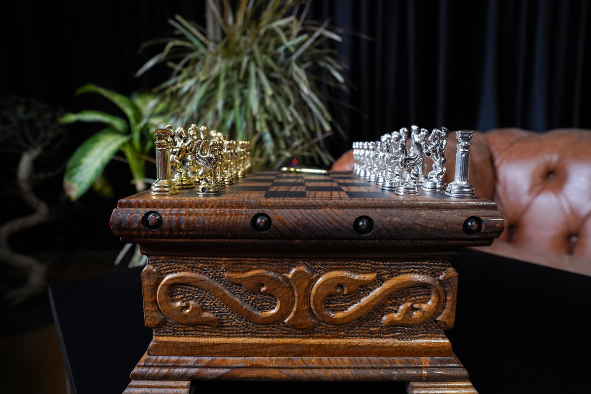 Wooden Chess Set With A Hidden Key And Velvet Storage Department - Roman’s Era ThemedMy Chess Sets