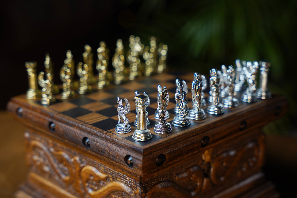 Wooden Chess Set With A Hidden Key And Velvet Storage Department - Roman’s Era ThemedMy Chess Sets