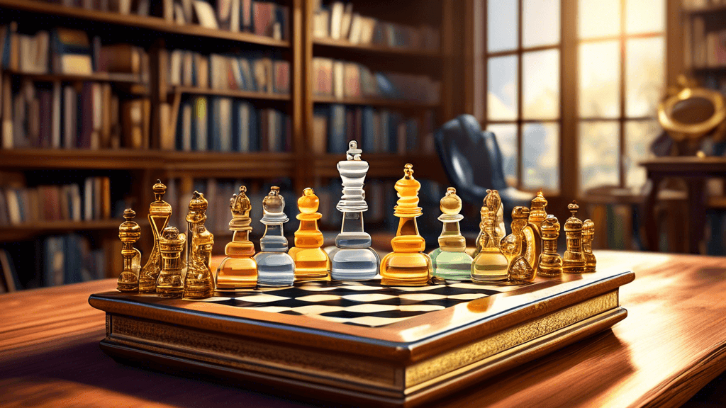 A detailed illustration of a beautifully crafted, ornate chess set displayed on a wooden table with various chess pieces made of crystal and gold, with a magnifying glass hovering over them to emphasi