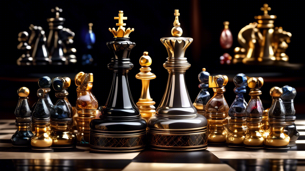 An elegant display of luxury chess and draughts sets, featuring high-end materials like ebony and marble, intricate carvings, and decorated with precious metals and gemstones, set against a sophistica