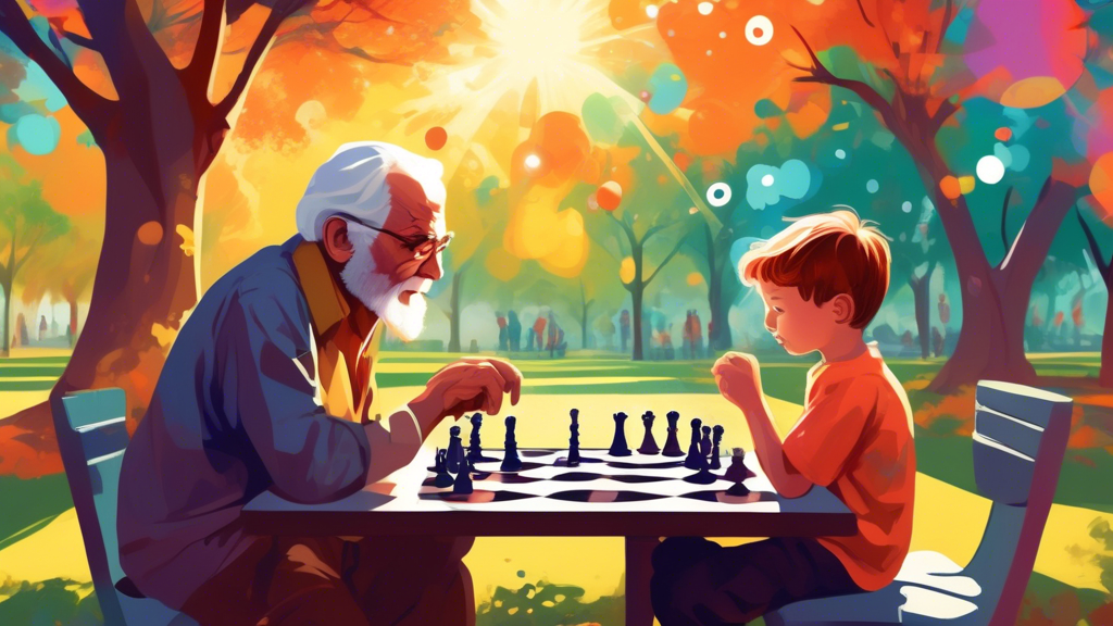 An elderly man and a young child concentrating on a game of chess in a sunlit park, with thought bubbles containing vibrant brain neurons and glowing connections above their heads.