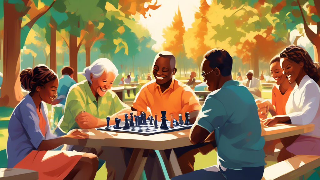 An elegant, serene setting featuring a diverse group of people of all ages deeply concentrated and smiling while playing chess in a sunlit, leafy park with chess boards on picnic tables, symbolizing m