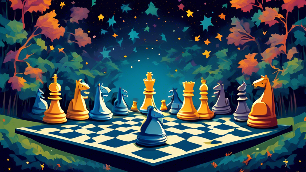 An imaginative chessboard where chess pieces are animatedly leaping over one another during a playful game, set in a mystical forest under a starry sky.