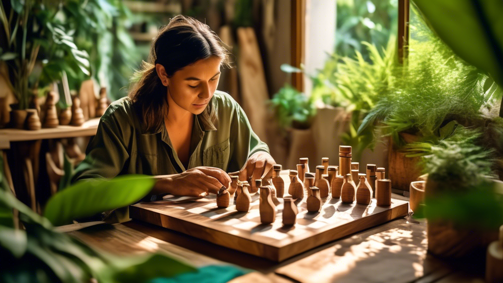 An artisan handcrafting an eco-friendly chess set from recycled materials in a serene, sunlit workshop, surrounded by lush green plants, with wooden pieces carved from reclaimed wood on a board made o