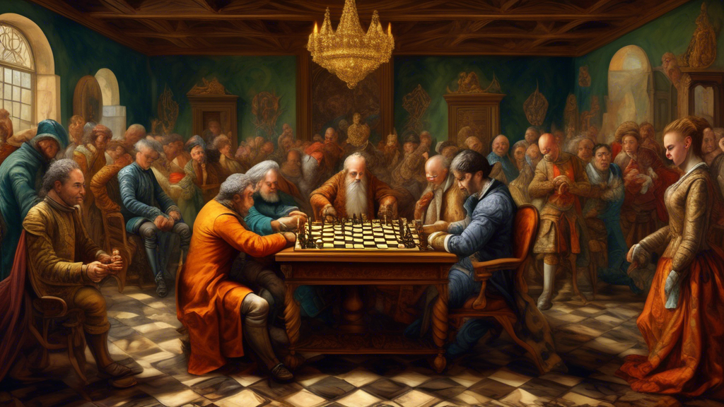 An intricately detailed Renaissance painting depicting a dramatic stalemate in a chess game between two focused, elaborately dressed grandmasters, with a tense crowd of observers in period clothing an