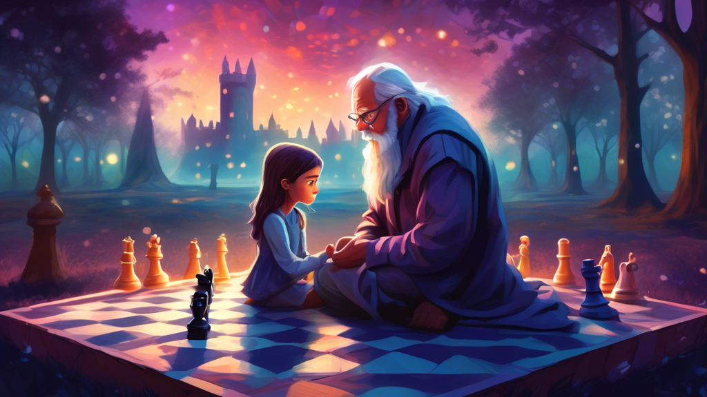 An eager young girl and a wise old man sitting at a park, deeply focused over a mystical, illuminated chessboard, with pieces that resemble medieval characters under an ethereal twilight sky.