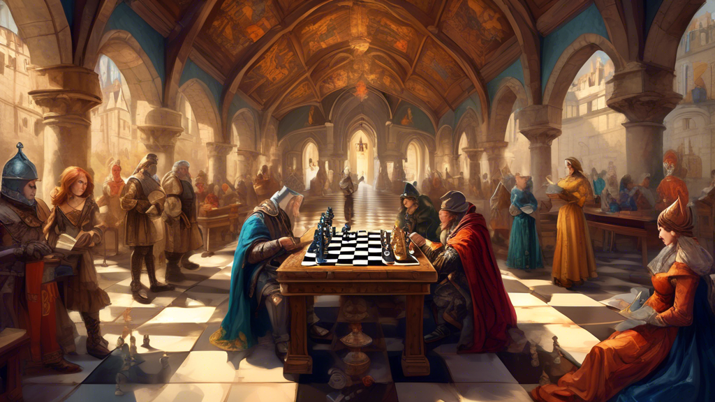 A digital illustration of a medieval-style chess tournament with participants dressed in renaissance costumes, concentrated on a grand, ornate chess board, with ancient books about chess strategies sc