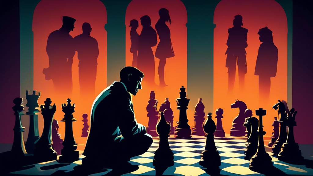 A grandmaster contemplating a move in an intense chess match, surrounded by ghostly silhouettes of historical chess champions watching in the background, with a chessboard glowing under a spotlight in