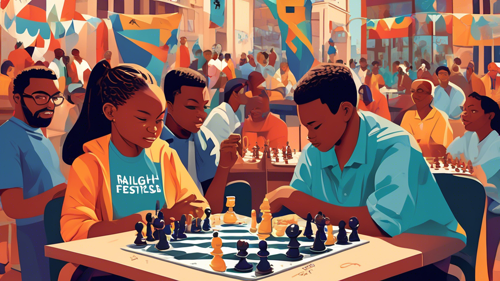 A vibrant and engaging scene at a bustling chess club in downtown Raleigh, NC, featuring a diverse group of people of various ages and ethnicities enthusiastically playing chess, with a large banner r