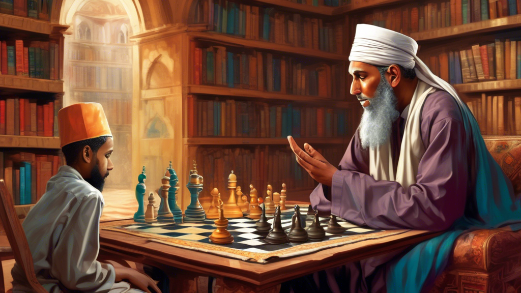 A thought-provoking montage depicting a serene Islamic scholar sitting beside a chessboard, surrounded by open religious texts, discussing chess with curious young students in a traditional library se