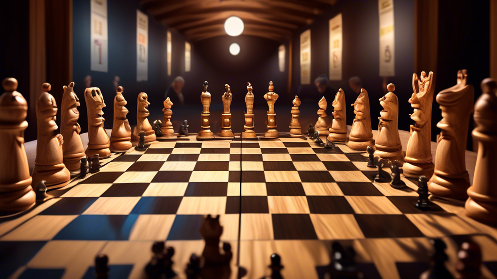 An elegant chess tournament setting with diverse players, male and female of various ages and ethnicities, deep in thought while playing on beautifully carved wooden chess sets; banners in the backgro