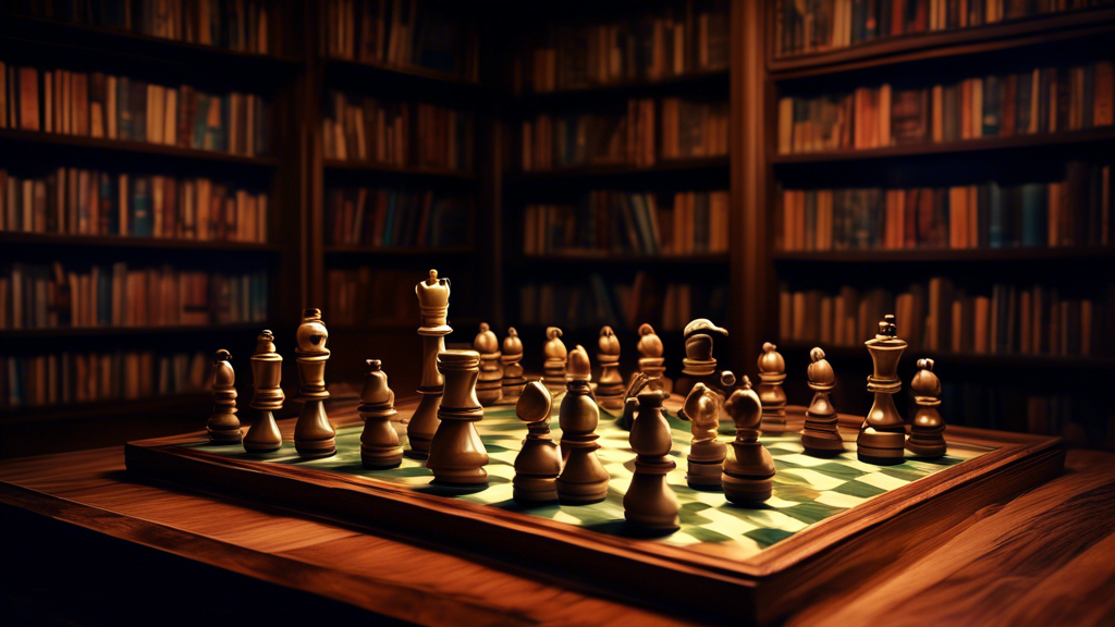 An elegant medieval chess set in a dimly lit, wood-paneled study, with a focus on a knight piece in the midst of moving backwards, surrounded by scattered ancient chess strategy books.