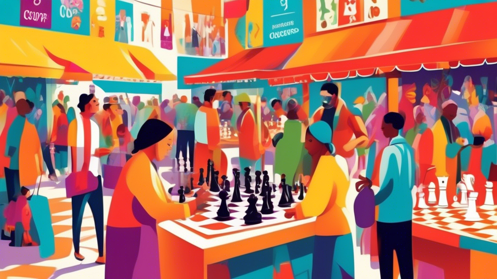 A vibrant, animated market scene with diverse people of all ages joyfully browsing various stalls displaying an eclectic range of chess sets, each accompanied by bright, colorful tags showing differen