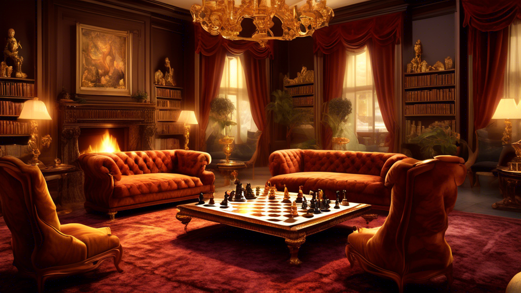 DALL-E, create an image of an opulent chess game scene in a luxurious lounge. The chessboard should be made of marble and gold, with intricately carved pieces. Surround the board with plush velvet cha