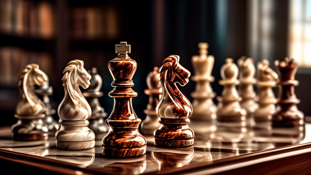 An intricately detailed luxury marble chess set on a wooden table, each chess piece uniquely designed with rich textures, set against a softly lit background highlighting the polished surface and refl