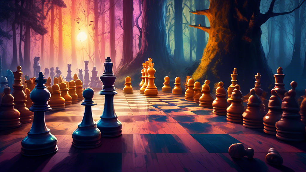 A detailed and vibrant digital painting of a dramatic chess battlefield, showcasing a small pawn transforming into a queen under a spotlight, surrounded by other chess pieces watching in awe, set in a