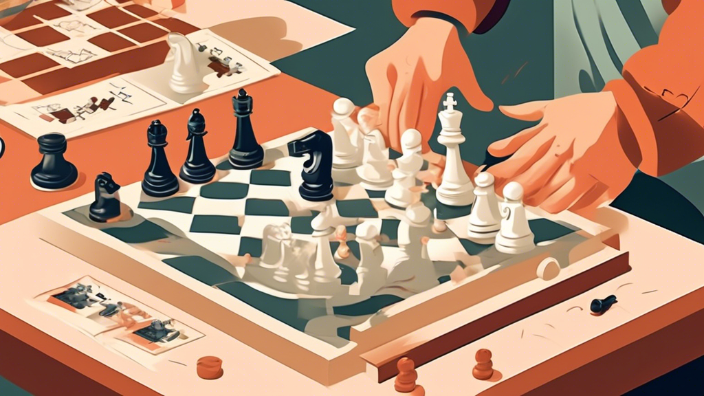 An instructional image showcasing a detailed step-by-step process of setting up a chess board, featuring illustrated hands placing chess pieces in their correct positions, with annotations and a subtl