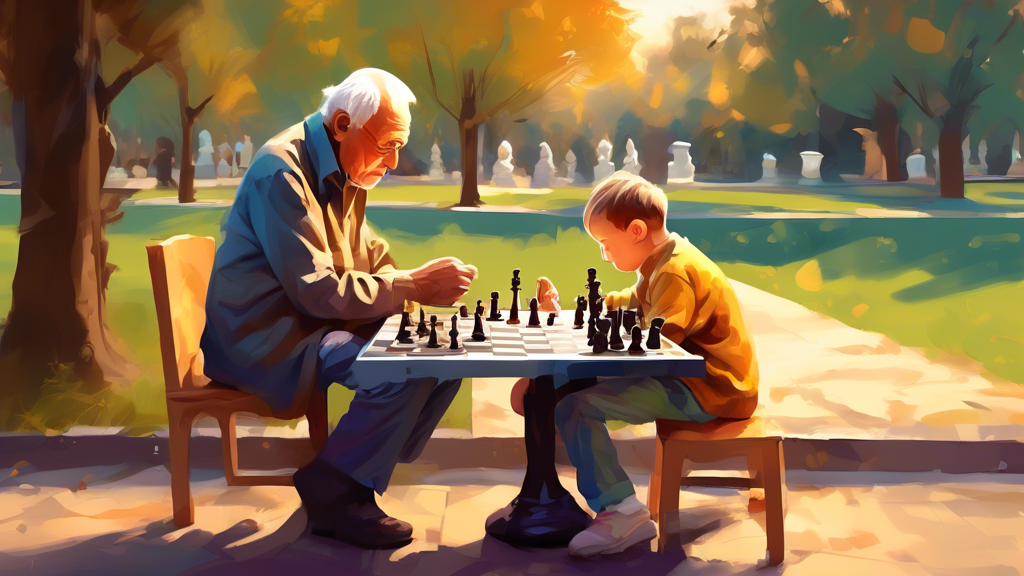 A digital painting of an elderly man and a young child playing chess in a serene park, with each chess piece creatively representing different stages of life, from infancy to old age, under a gentle a