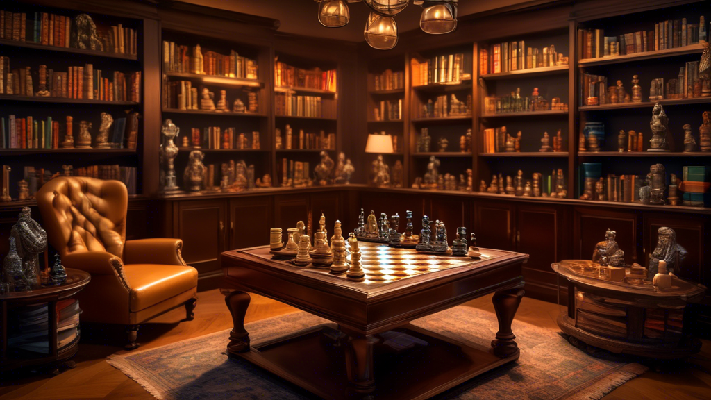 An elegant display of various chess sets with intricate designs and protective cases, arranged in a cozy library setting with books and a fireplace in the background, showcasing materials like wood, g