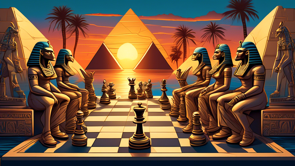 An intricately detailed illustration of a chess set where the pieces are styled as ancient Egyptian figures, including pharaohs, queens, and mythical gods, set against a backdrop of the pyramids and t