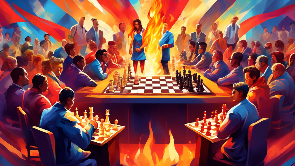 A vibrant digital painting of a grand Olympic-style chess tournament, featuring players from various countries seated at chess tables in a large, bustling stadium adorned with flags from around the wo