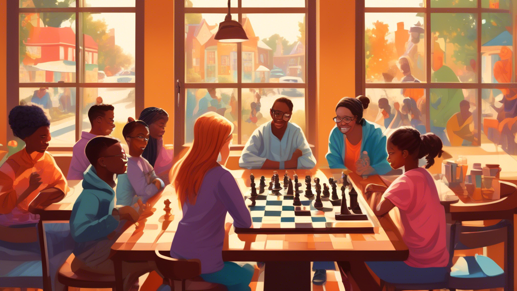 A vibrant gathering of diverse people of all ages engaged in playing chess in a cozy, well-lit chess club located in McKinney, TX, decorated with chess-themed art and large windows showing a sunny sub