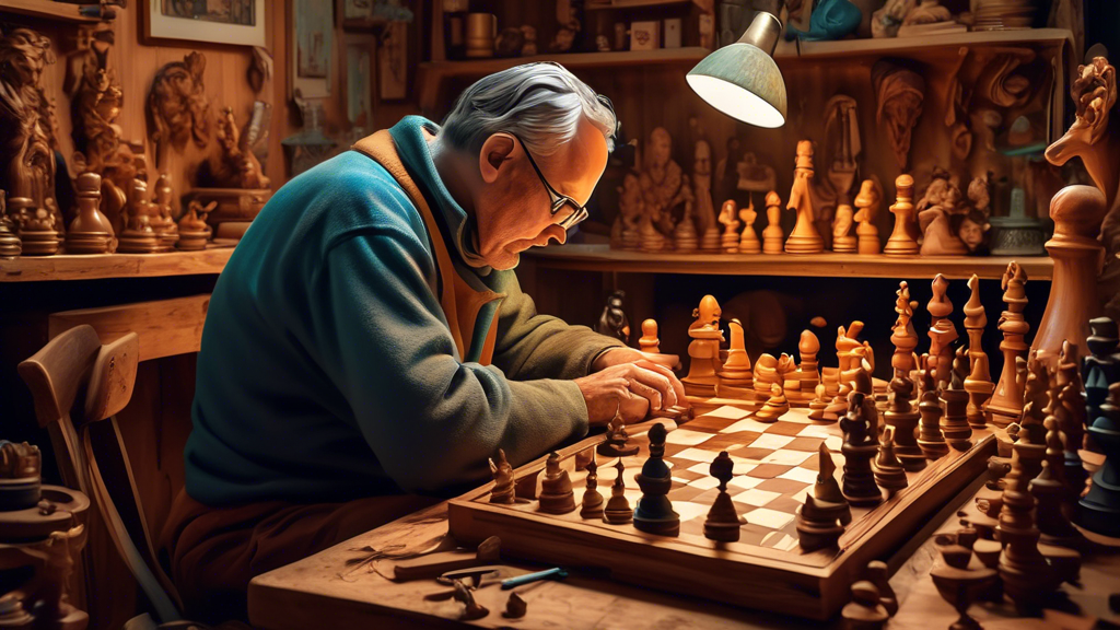 An artist meticulously crafting an antique reproduction chess set in a cozy, vintage workshop, surrounded by wood carvings and chess pieces from different eras.