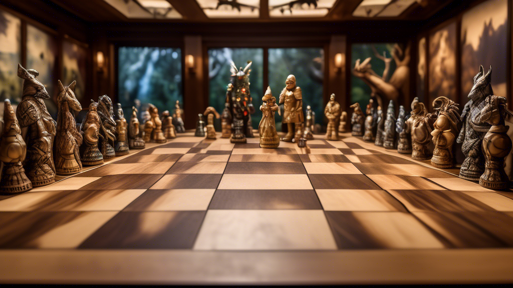 An artistically arranged photo showcasing a variety of custom-themed chess boards, each designed to represent different cultural, historical, and fantasy themes. The image includes a forest-themed boa