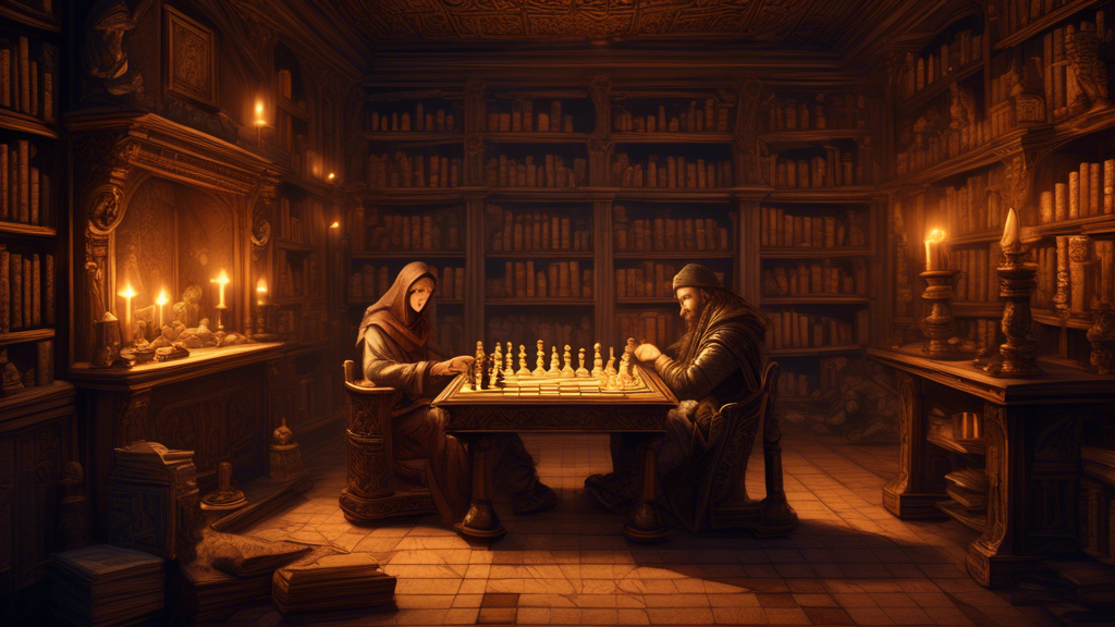 A medieval-style illustration of two people playing a game of chess using cards on an ornate wooden table, with intricate designs on the playing cards that resemble chess pieces, set in a cozy, dimly-