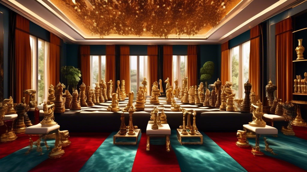 An opulent room filled with a variety of luxury chess sets made from materials like gold, marble, and exotic woods, with each set uniquely crafted and displayed on elegant tables with velvet drapes in