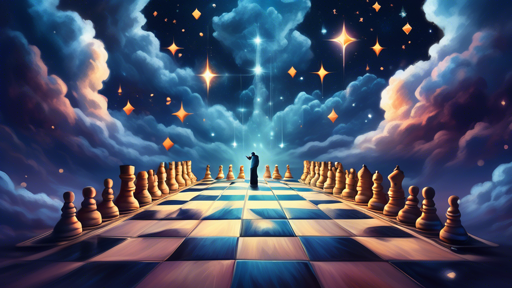 An artistic representation of a giant chessboard under a starry sky, with a hand reaching down from the clouds about to move a pawn, surrounded by ethereal glowing figures watching the game unfold.