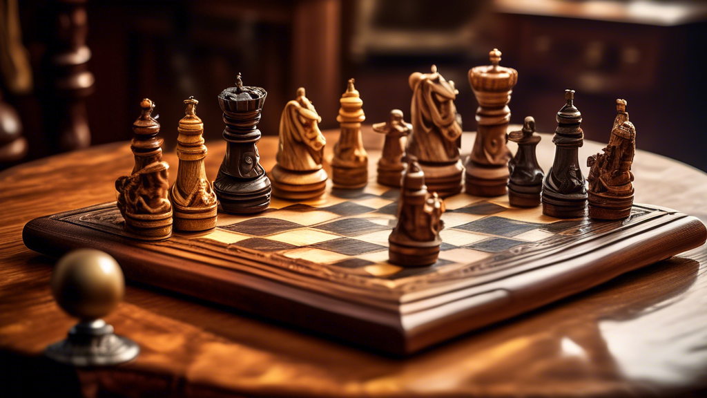 A detailed depiction of an antique wooden chess set placed on a vintage table, with a jeweler's magnifying glass beside it highlighting the intricate carving on the knight piece, in a cozy, warmly-lit