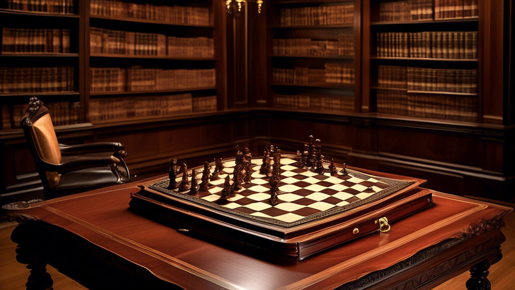 A luxurious 15-inch folding chess board set made of rich mahogany and ebony, with intricate carvings on the border and highly detailed chess pieces crafted in a classic style, set up and ready for a g