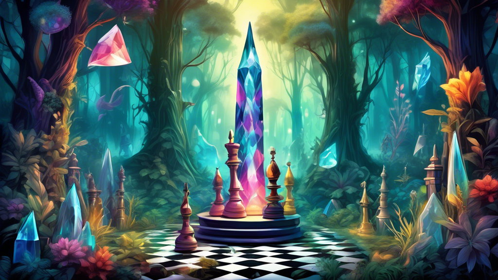 An enchanted fantasy chessboard where the king pieces are replaced by towering crystal obelisks, set in a mystical forest with glowing plants and curious creatures observing the game.