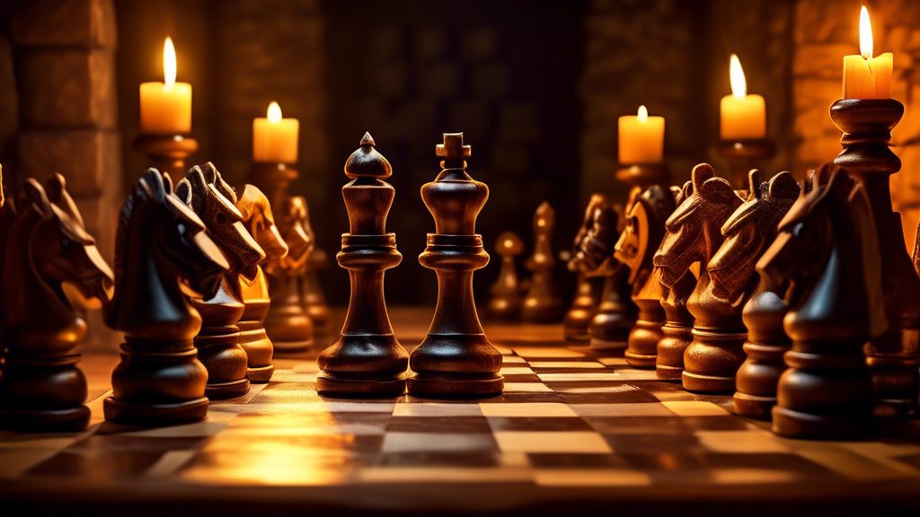 An intense chess match between two grandmasters, focused and determined, in a medieval castle setting with antique wooden chess pieces that resemble knights and kings, strategically illuminated by the