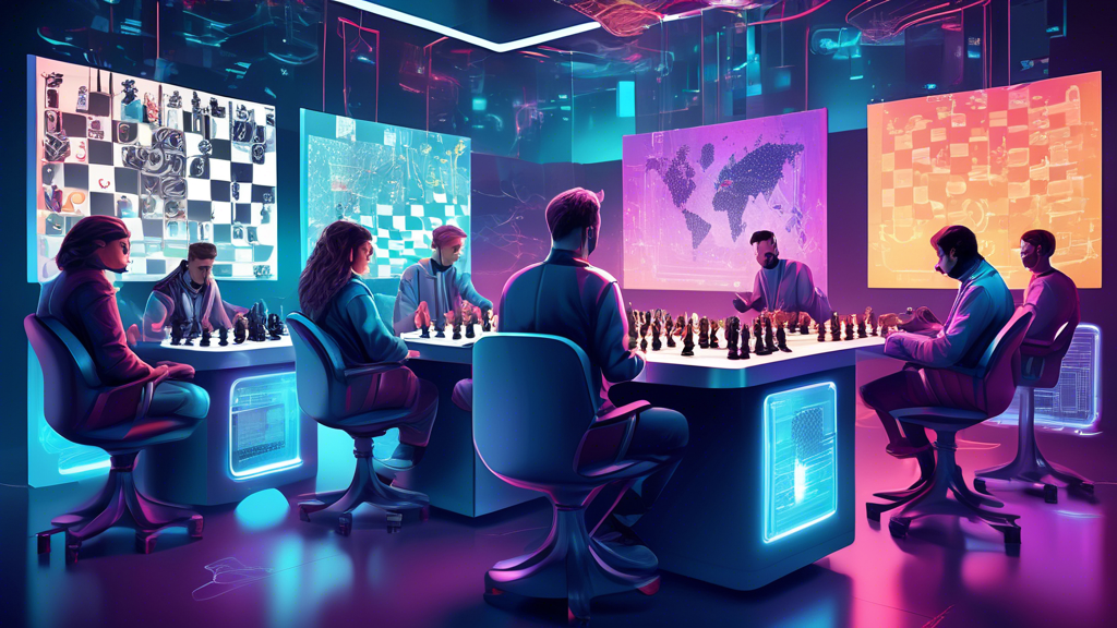 An intricate digital illustration of a futuristic, high-tech room filled with screens displaying advanced chess analytics and algorithms, highlighting the world's top chess engine in 2023, with a dive