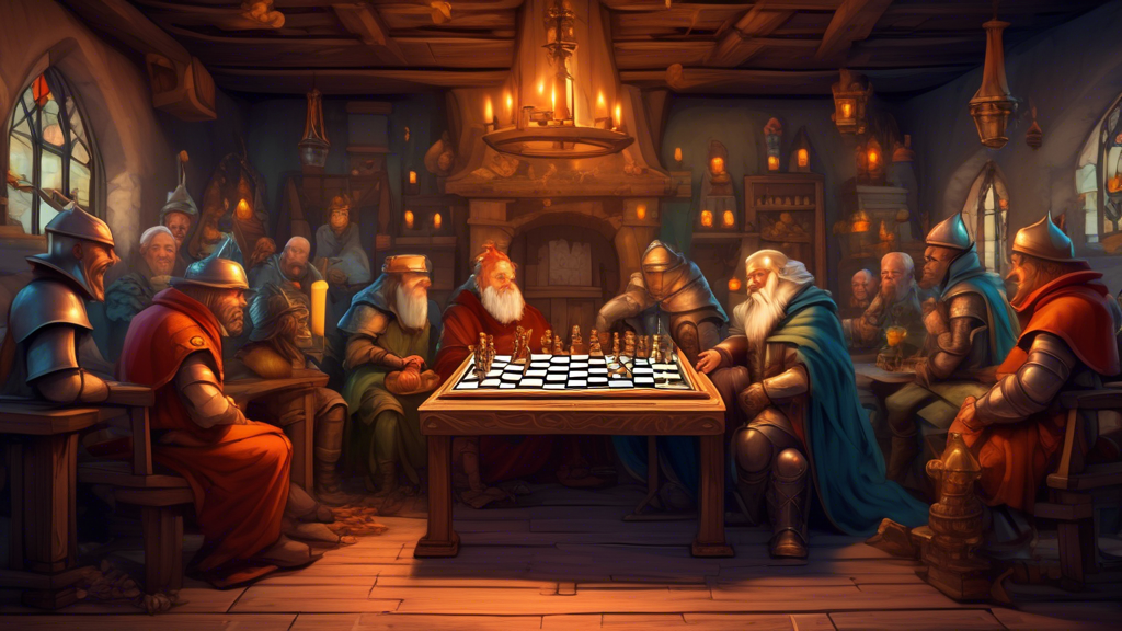 A medieval-style chessboard with an animated scene, showing a wise old king contemplating the first move surrounded by knights, rooks, bishops, and pawns eagerly waiting in anticipation, set in an anc