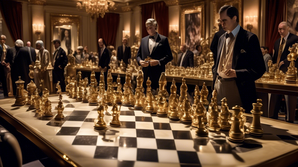 An elegant and sophisticated scene of a high-stakes auction in a grand hall, showcasing a variety of rare and valuable chess sets. Each chess set is uniquely designed, featuring materials like gold, s