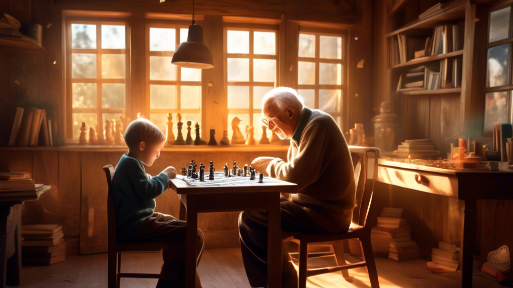 An elderly man and a young child sitting at a rustic wooden table, deeply focused on solving a complex 3D chess puzzle together, with sunlight filtering through an open window highlighting the floatin