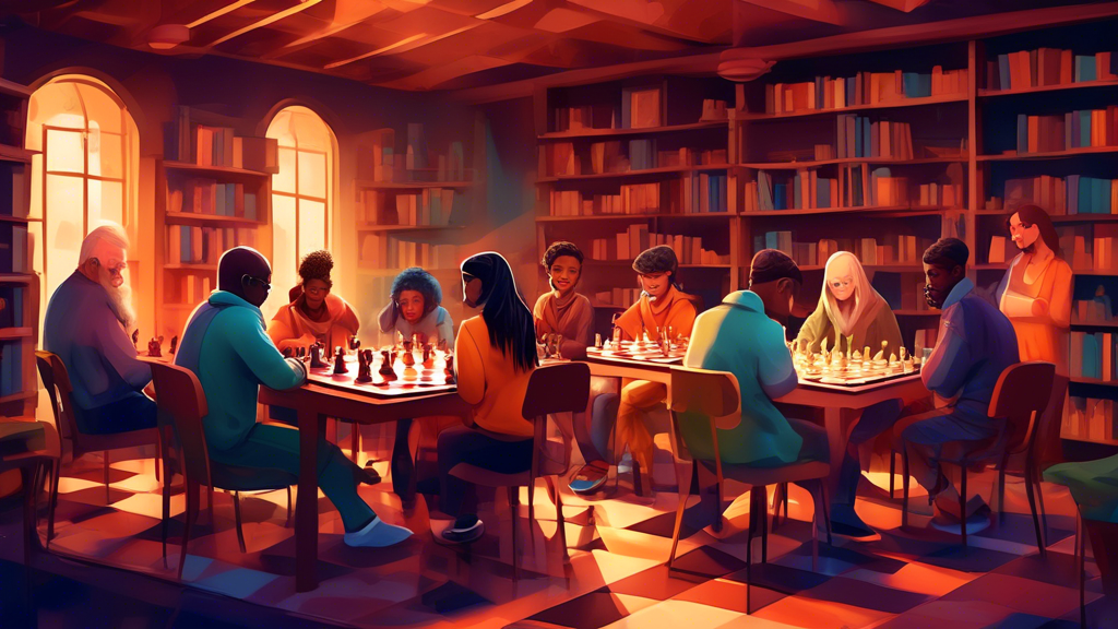 An eclectic chess club in a cozy library setting, diverse group of people of varying ages engaged in chess games, with chessboards made of different materials, under soft ambient lighting.