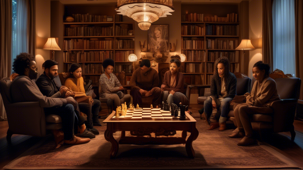 A cozy living room setting at dusk, featuring a group of friends of diverse ethnicities gathered around an elegantly crafted wooden chess table. The table is spotlighted with warm light highlighting a