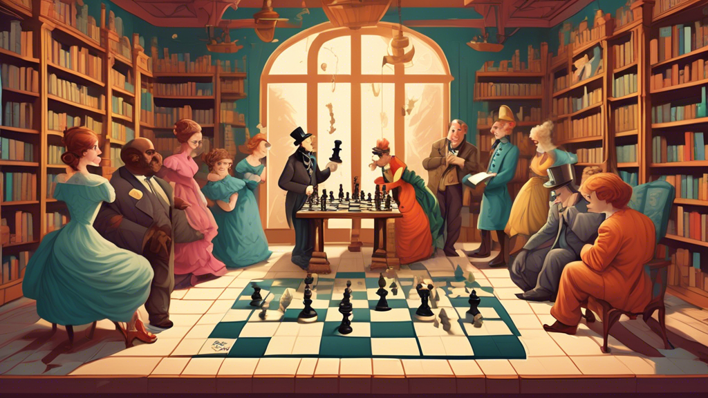 A whimsical illustration of a giant crossword puzzle being played by two teams: one team of classic chess pieces strategizing their moves, and the other team of lively human figures acting out charade