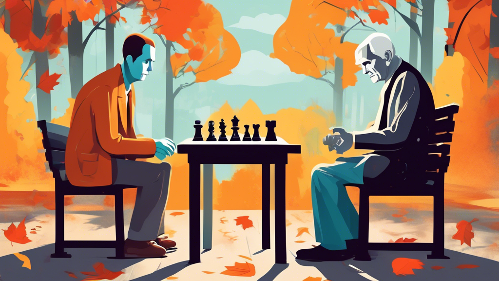 An illustration of a young boy and an elderly man sitting at a park bench playing chess, with ghostly figures of famous chess masters like Bobby Fischer and Garry Kasparov giving tips and advice, surr