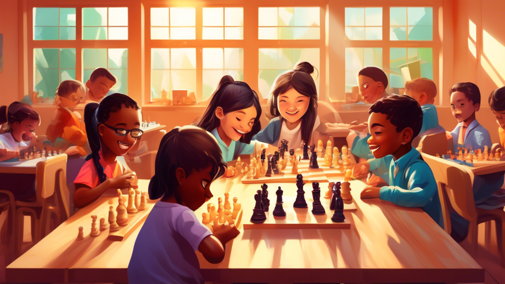 An inviting classroom with diverse students of various ages joyfully engaging in a chess lesson, surrounded by various styles of chess sets on their desks, from wooden to electronic, brightly illumina