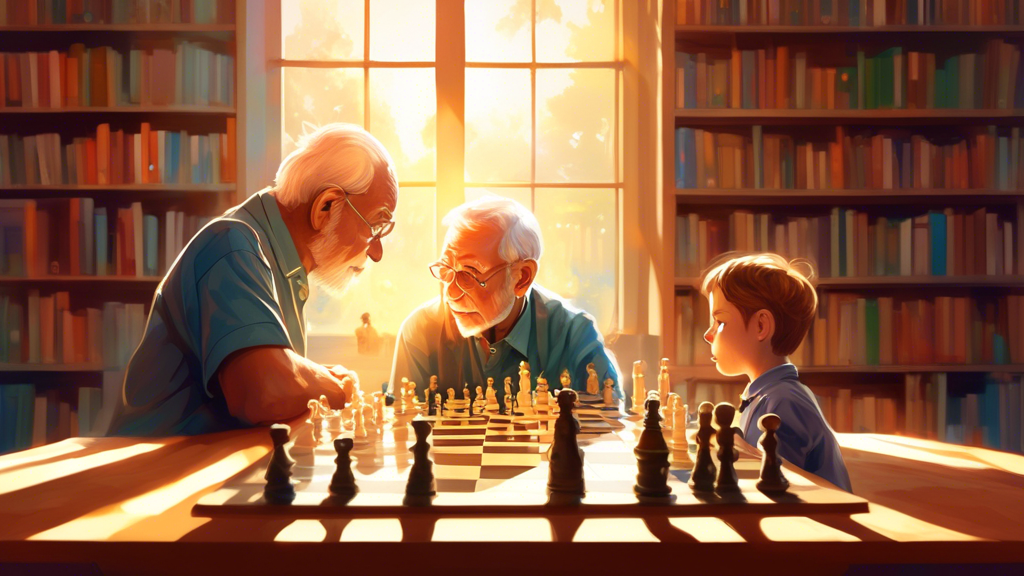 A young child and an elderly man deeply concentrated on a game of chess in a sunlit, cozy library filled with books, while light rays subtly highlight the expression of curiosity and thinking on their