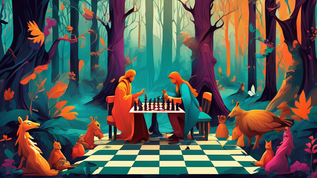 A vibrant, digital artwork of two people playing chess in an enchanted forest, with the kings and rooks highlighted to indicate they cannot move together, surrounded by curious woodland creatures obse