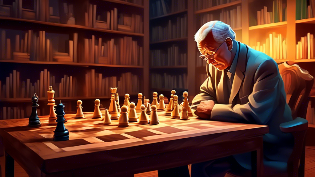 A serene library with a grand wooden chess table illuminated by soft, warm light; an elderly grandmaster contemplates a complex chess setup, with various chess manuals open around him, illustrating di