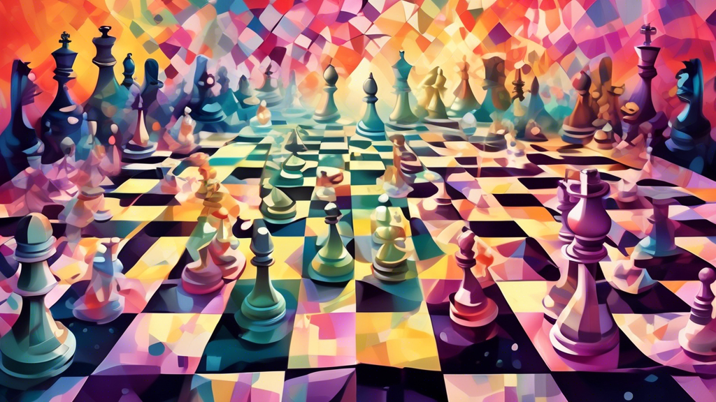 An artistic representation of a chessboard where every piece is a different number, symbolizing chess ratings, with mathematical formulas and graphs floating above in a dreamy, surreal landscape.