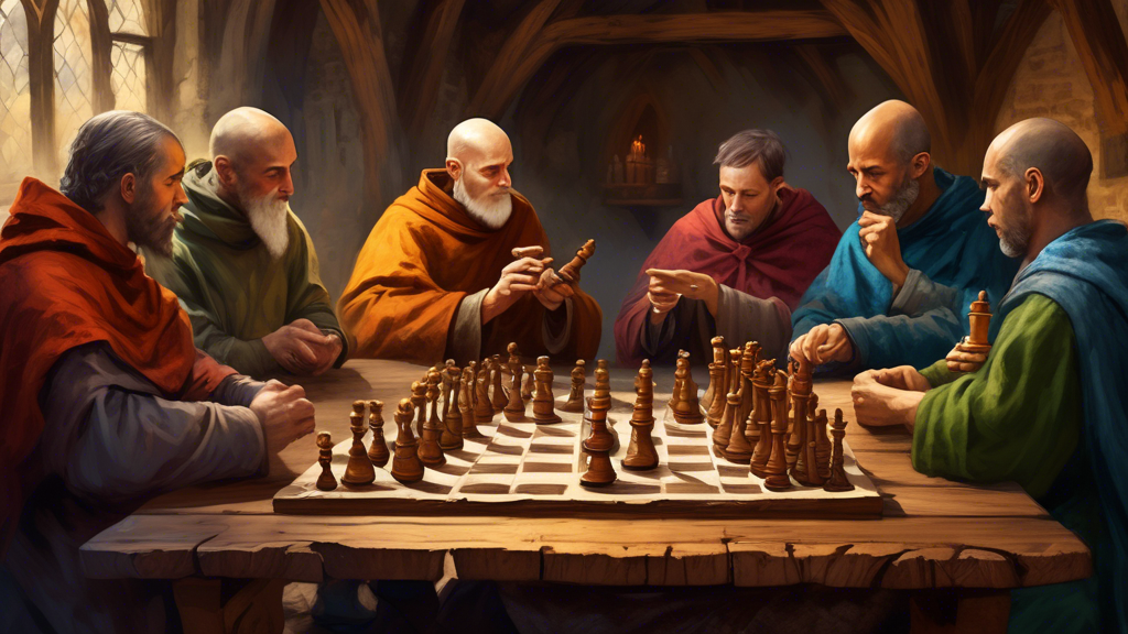 An atmospheric medieval setting in Britain with scholars and monks gathered around, deeply engrossed in playing an early version of chess, with detailed parchment scrolls and wooden chess pieces spraw